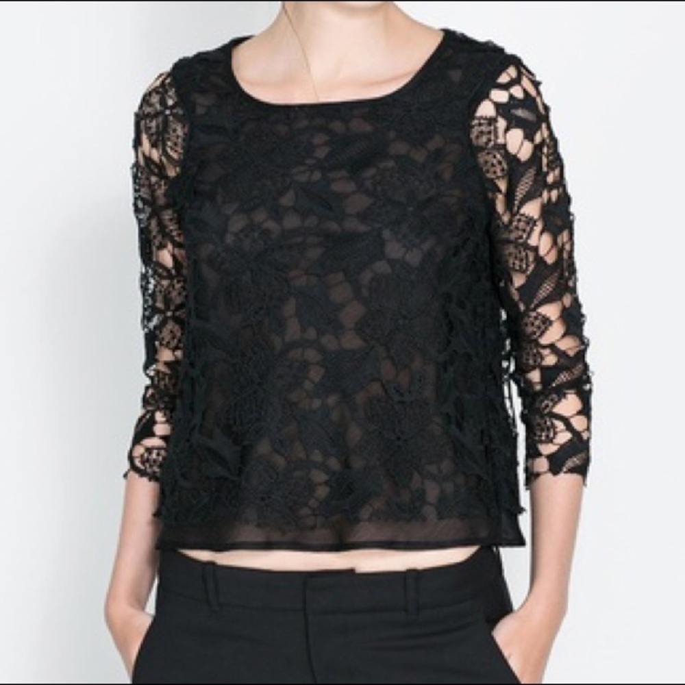 🌸Zara W&B Collection black lace top medium
